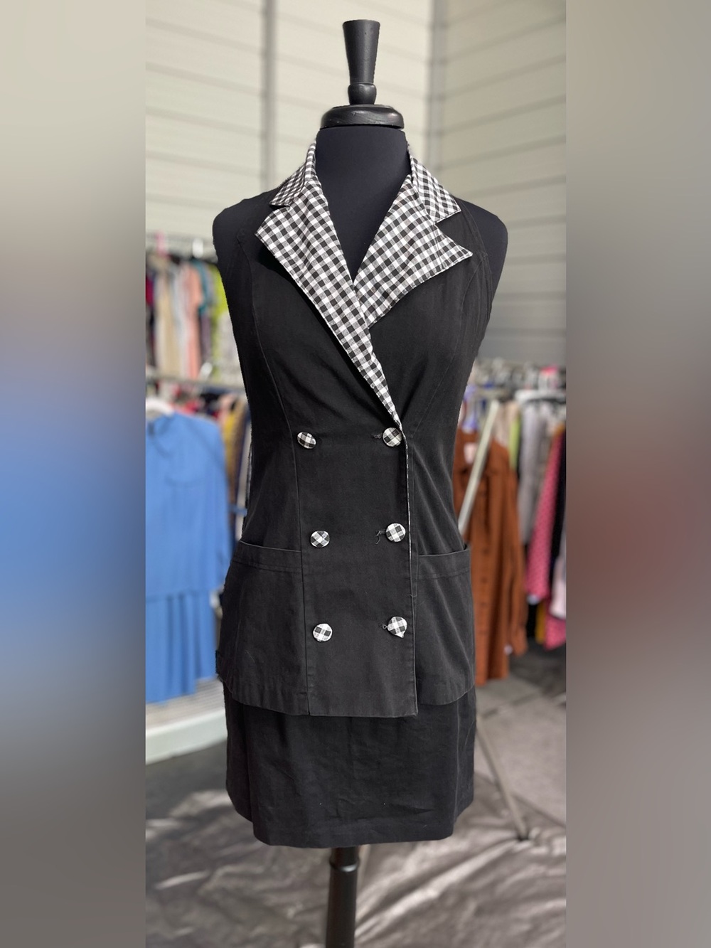 Vintage Black Gingham-Trim Midi 2-piece Dress